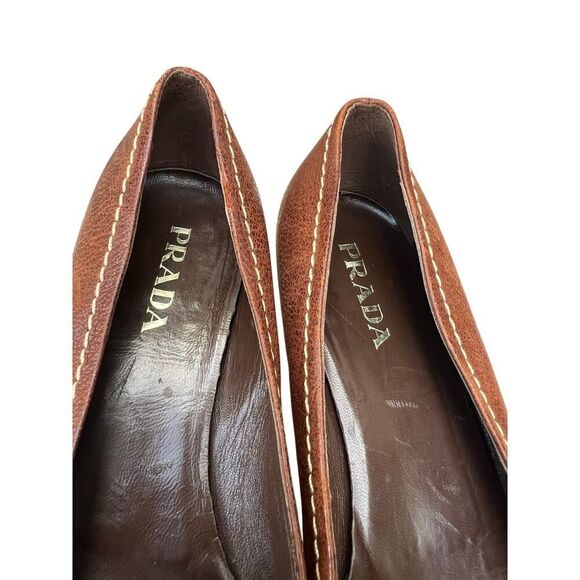 PRADA LEATHER KITTEN HEEL LOAFER PUMP BROWN SIZE 7, EURO 37.5 - Picture 10 of 10
